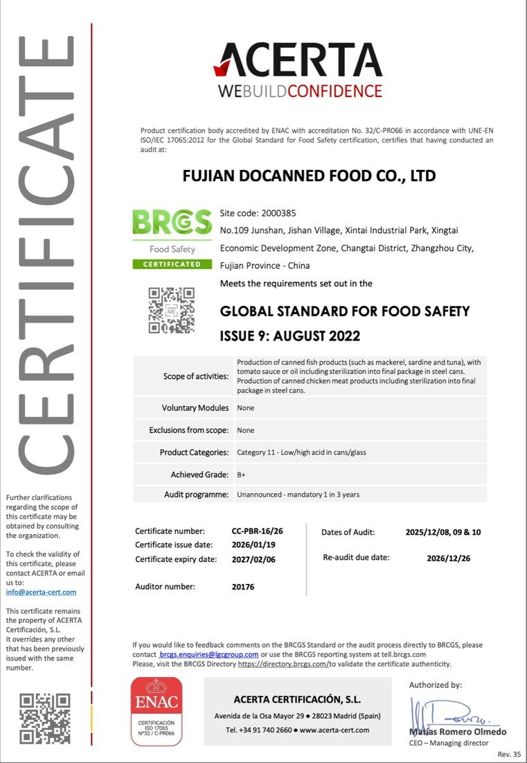 BRCGS certificate — Fujian Docanned Food Co., Ltd.