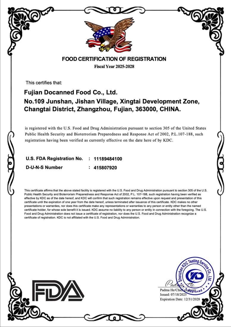 FDA certificate — Fujian Docanned Food Co., Ltd.
