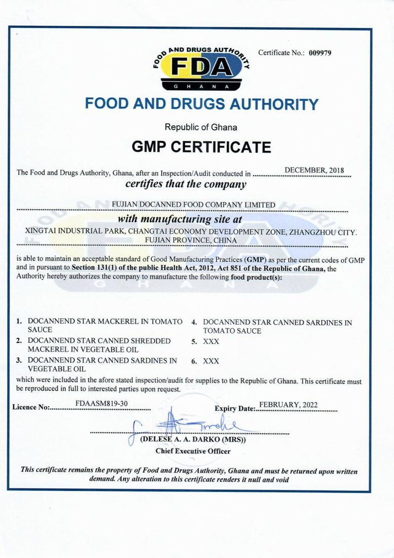 GMP certificate — Fujian Docanned Food Co., Ltd.