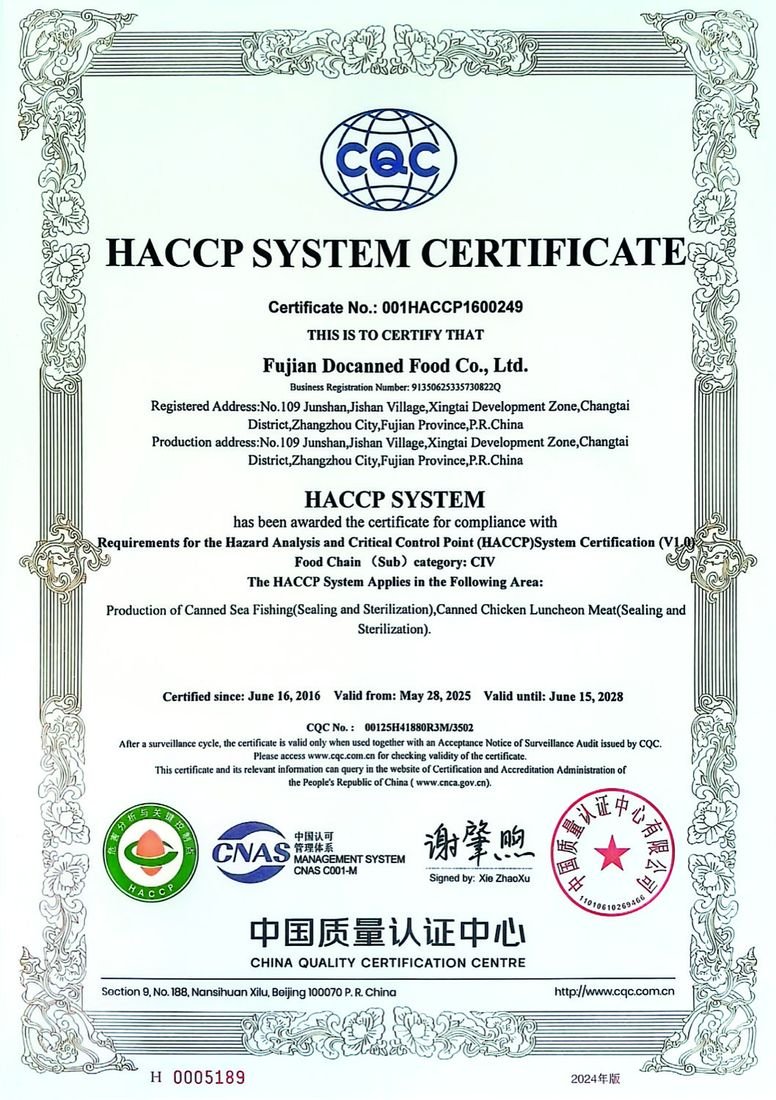 HACCP certificate — Fujian Docanned Food Co., Ltd.