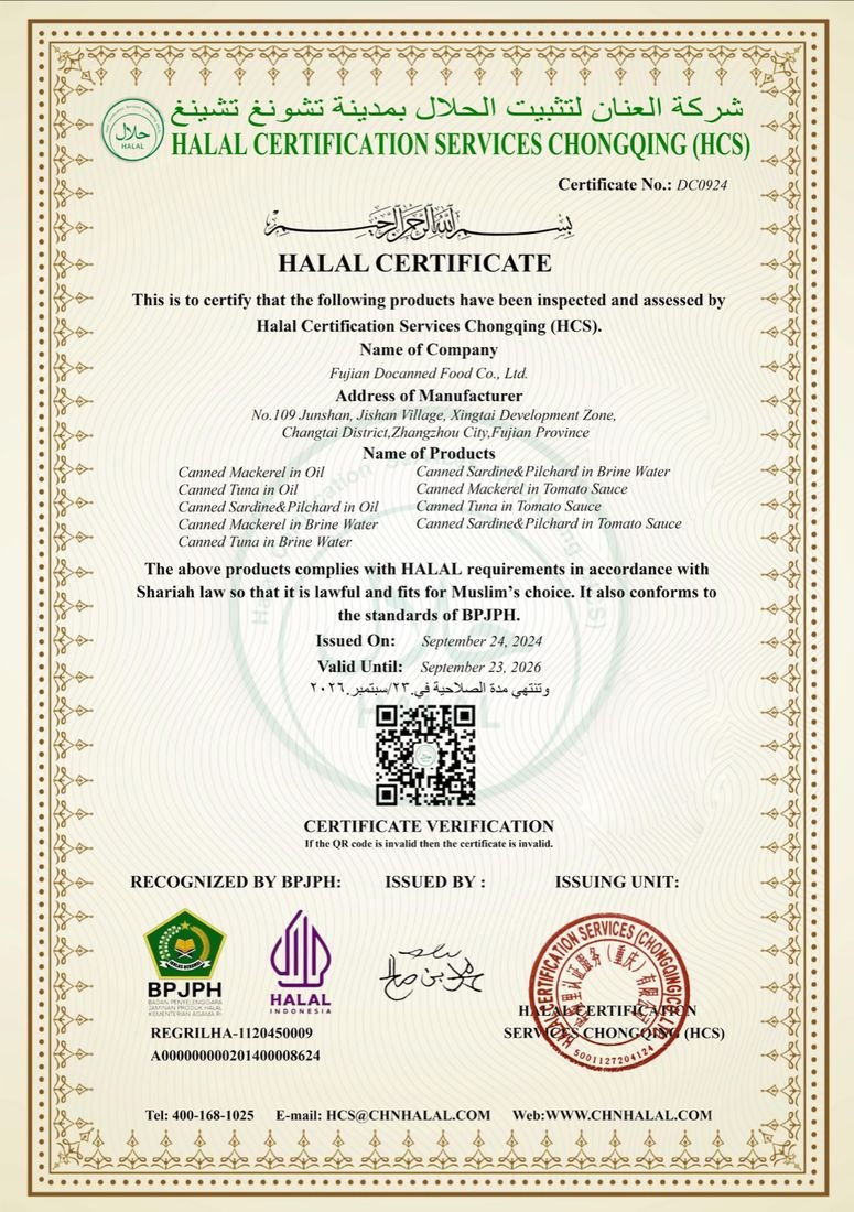 HALAL certificate — Fujian Docanned Food Co., Ltd.